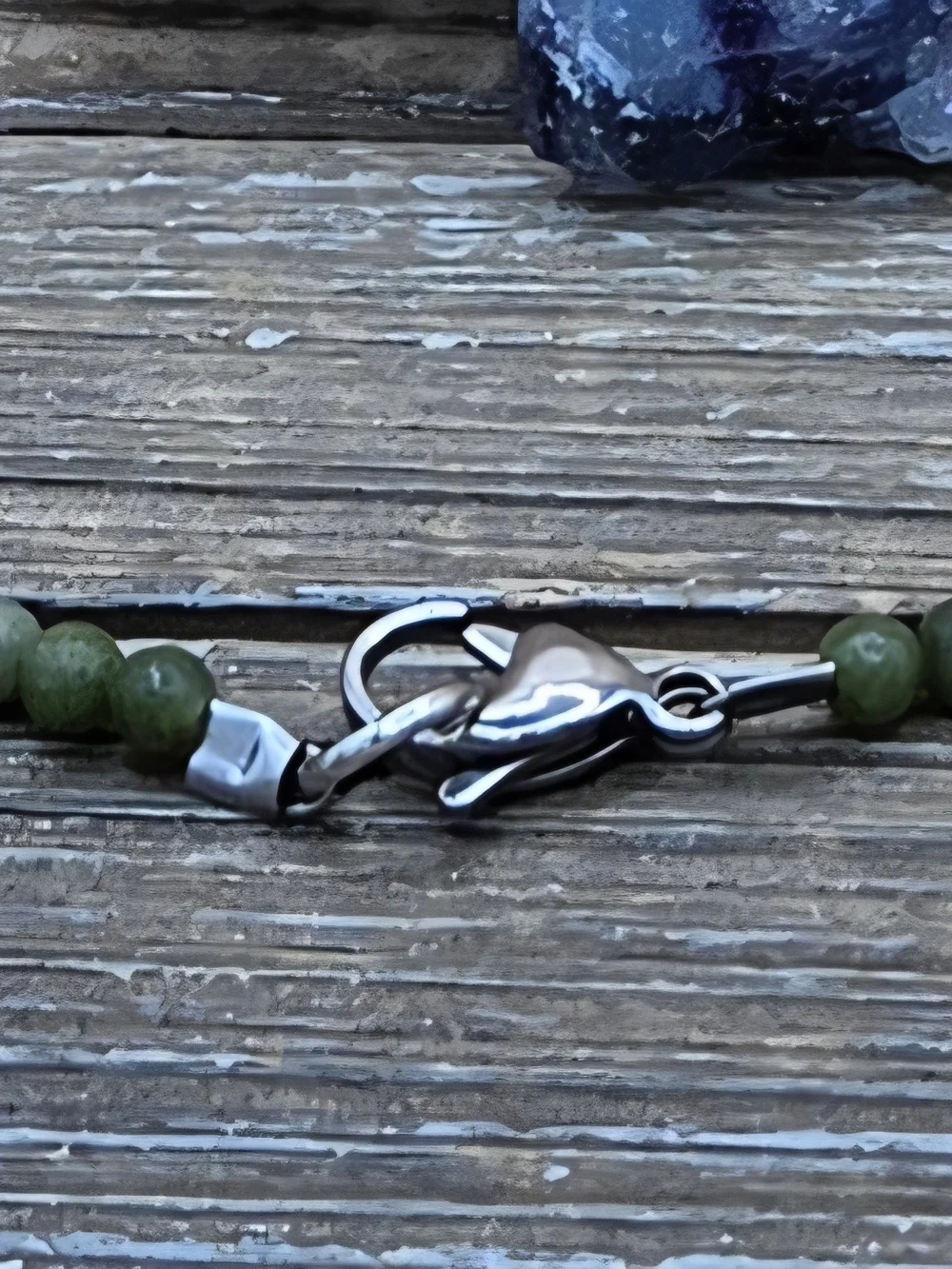 Green Jade, Plum Blossom Jasper and Stainless Steel Necklace Pentagram Pendant